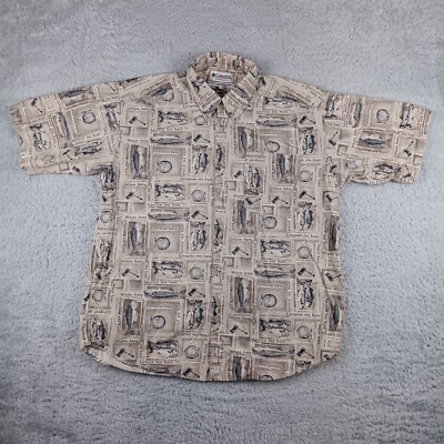 Columbia Shirt Mens Large Beige Collared Button-Down Patchwork Fish S2AM7657