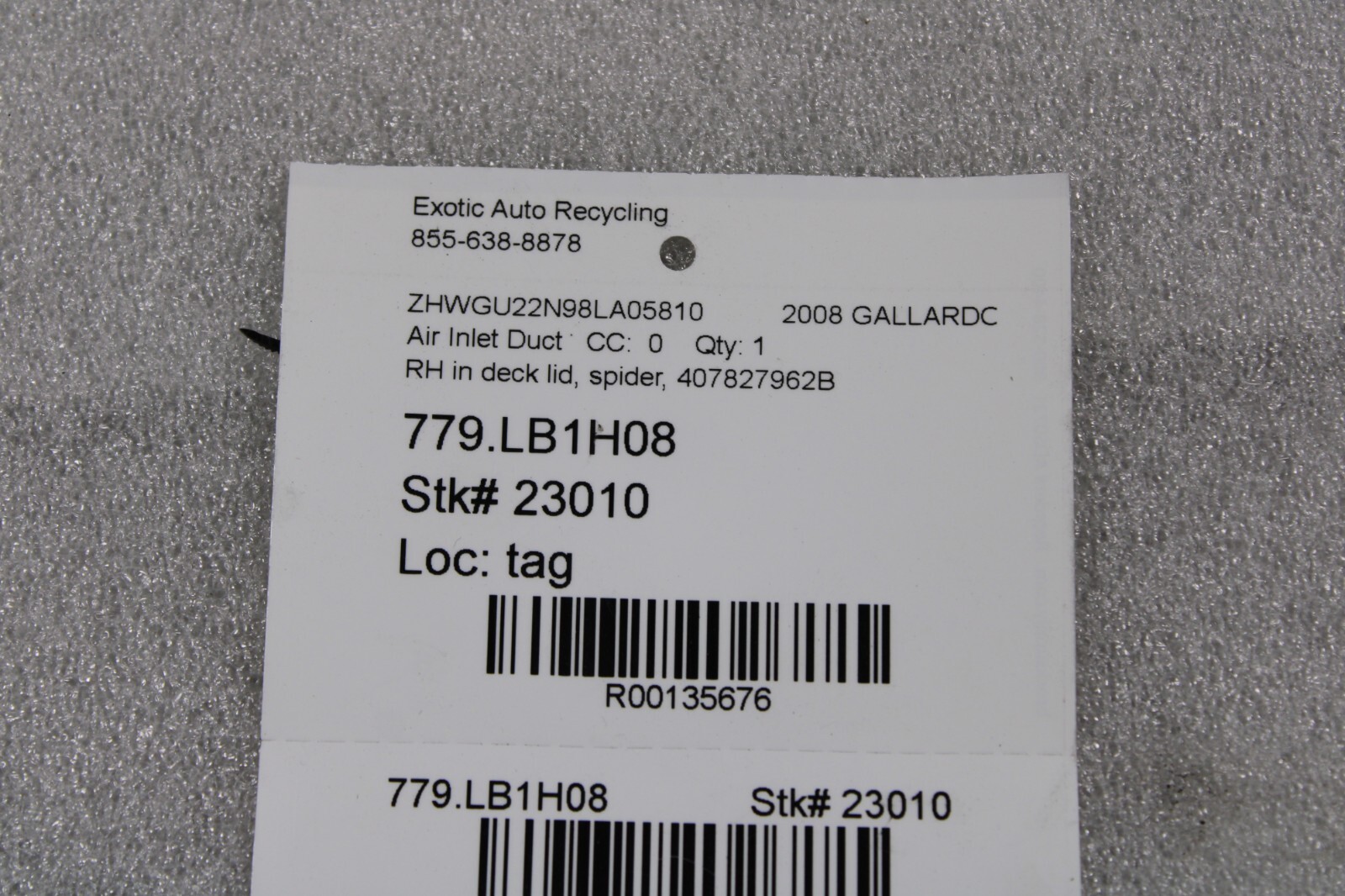 Lamborghini Gallardo, Spyder, RH, Deck Lid Air Duct, Used, P/N 407827962B