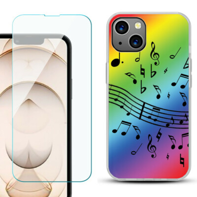 Slim TPU Case for iPhone 13, w/ Tempered Glass - Music Notes / Rainbow