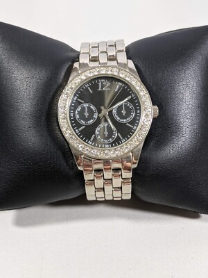 Black Dial Crystal Accent Bezel Round Silver Tone Case 35 mm Block Link Bd Watch