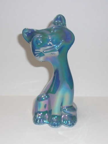 Fenton Glass Georgia Blue Carnival 6" Happy Cat FAGCA Exclusive '23 Mosser Glass