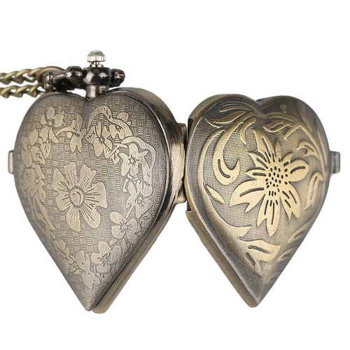 Vintage Quartz Pocket Watch Gift Half Hunter Chain Heart Shape Girl Bronze Retro - Picture 6 of 12