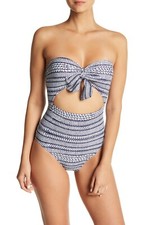 Splendid Nautical by Nature Keyhole Lace Up Back Bandeau Swimsuit sz L Navy