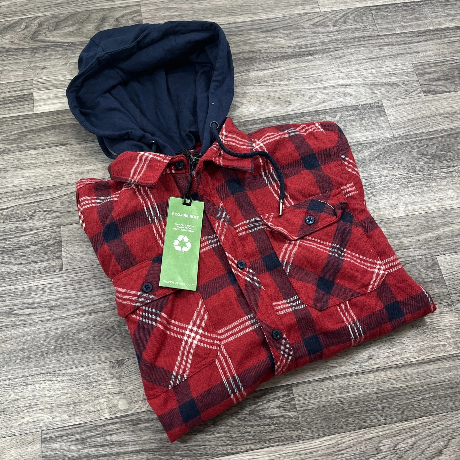 "NEW" SILVER JEANS CO. Button Down Red Plaid Hooded Jacket Men's Size S
