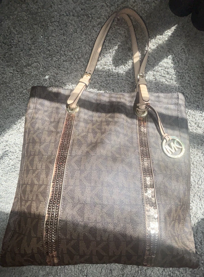 Bolso de Mano Michael Kors Grande Firma Cuero Marrón Oro Rosa Lentejuelas 👜  Foto 2 de 4