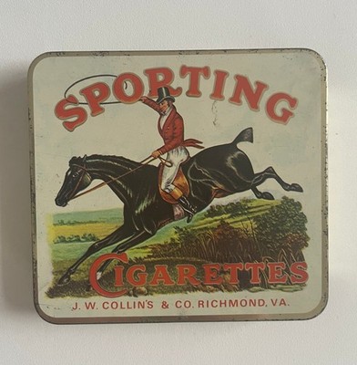 Sporting Cigarettes Dose Tin J.W. Collins & CO. Richmond VA. Pferd mit Reiter