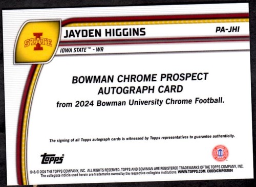 2024 Chrome University Prospect Autographs Gold Refractors Jayden Higgins/50 - 第 2/2 張圖片