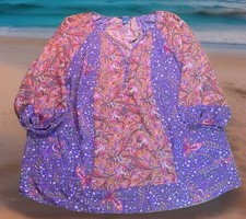 Chaps Peasant Cottage Womens Plus 1X Paisley Orange Purple Chiffon V-neck Boho