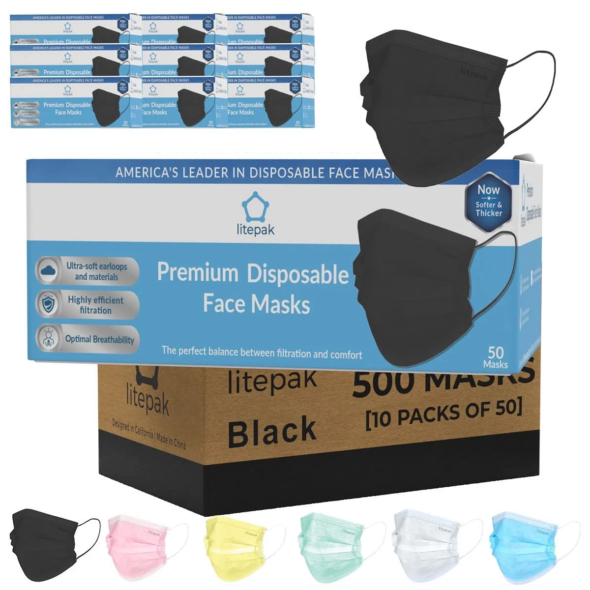 500pcs Premium Disposable Face Mask SOFT 3ply Nose Wire - Black