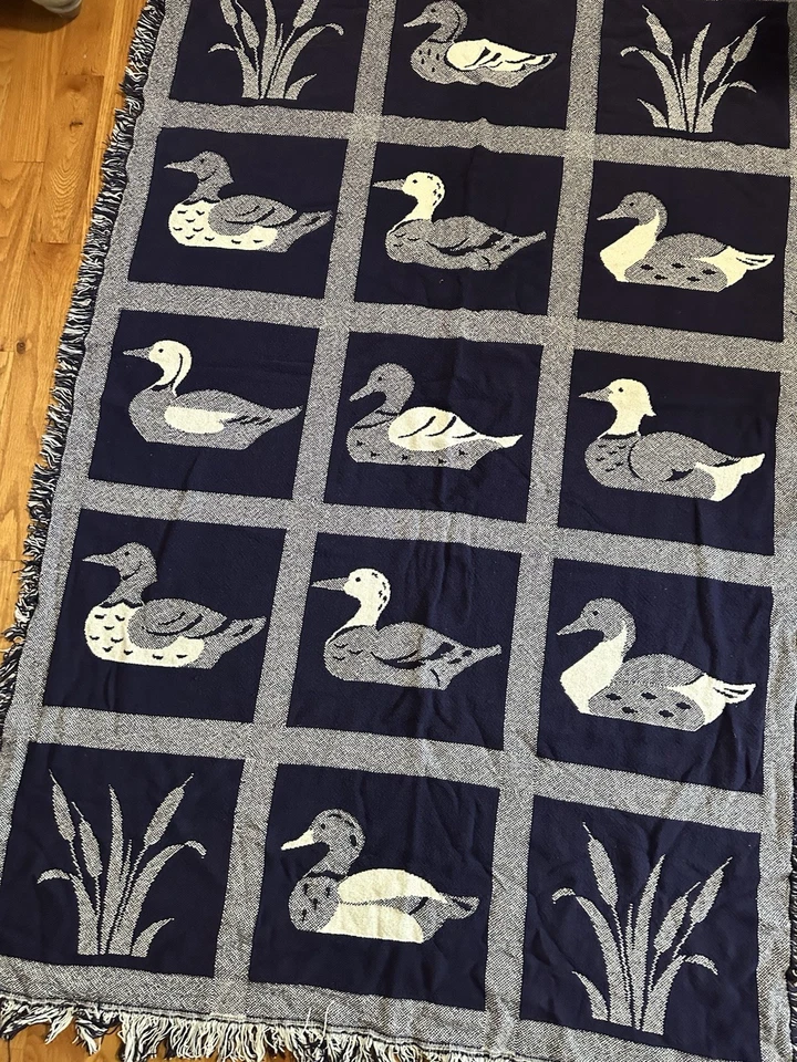 Manta de campo vintage azul blanco tejido tapiz de pato casa de campo núcleo 70x46 Foto 3 de 4