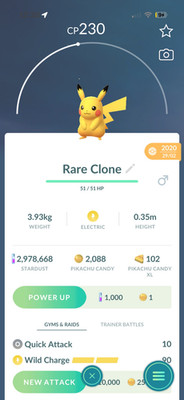 Pokémon Go Clone Pikachu LUCKY/FAST/READ DESCRIPTION