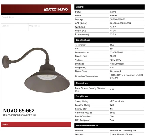 SATCO NUVO 65-662 Gooseneck LED 30W/40W/50W  120-227V Bronze with Photocell CCT - Picture 18 of 19