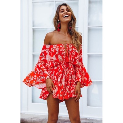 Hello Molly Made in the Aftermath Romper Red Floral Off Shoulder Bell Sleeve M