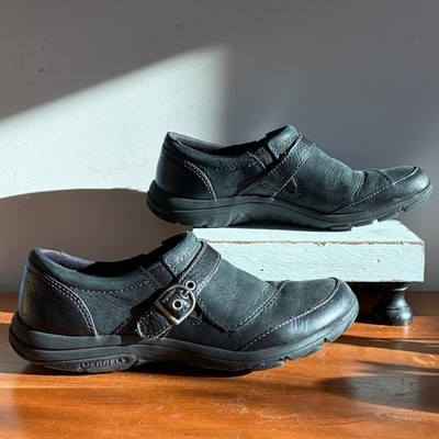 Merrell Encore Q2 Breeze Black Leather Slip On Clogs Buckle J69078 Womens 8