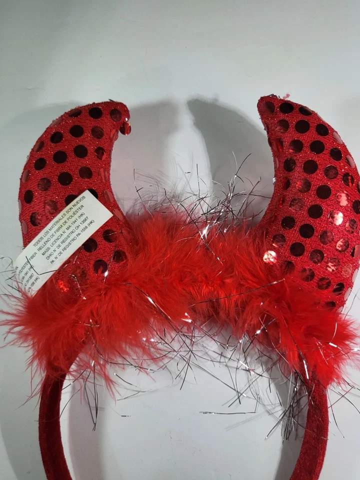 Sparkly Red Sequin Devil Horn Headband with Fluffy Trim - Image 2 of 4