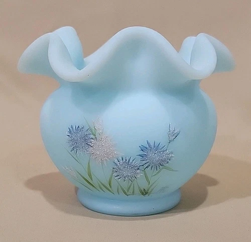 Fenton HAND PAINTED Rose Bowl Vase Frosted Asters on Blue Satin Flowers Sparkle