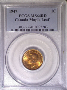 1947 Maple leaf PCGS MS64RD Canada Small One Cent - 1C - Old Blue Holder - Penny