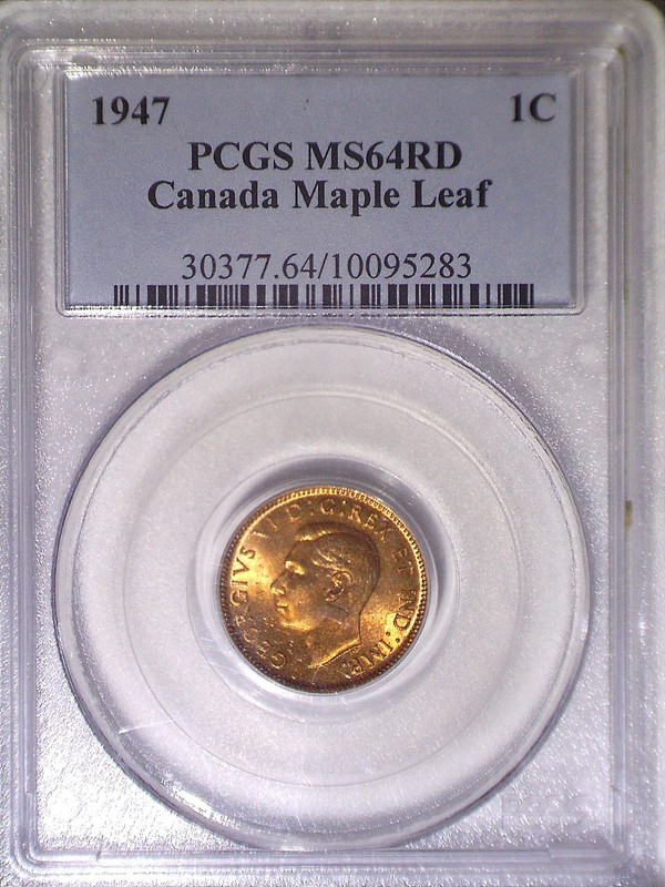 1947 Maple leaf PCGS MS64RD Canada Small One Cent - 1C - Old Blue Holder - Penny