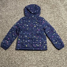 Gap Kids Girl's Lightweight Puffer Quilted Hooded Jacket Navy Polka Dot Sz Med M