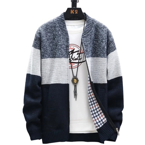 Autumn Winter Cardigan Sweater Men Fleece Zipper Sweaters Velvet Contrast - Picture 30 of 31