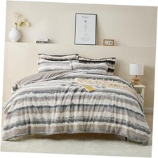 Fluffy Faux Fur Duvet Cover Set 3 Pcs Size, Ultra Soft King Grey Multi-stripe