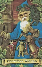 A "Christmas Wishes" w/ St Nicholas in Blue w/ Gifts Holiday Postcard - X-137