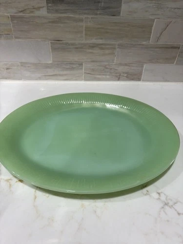 FIRE KING JANE RAY JADEITE Oval LARGE PLATTER GREEN RIBBED Edge DESIGN Antique