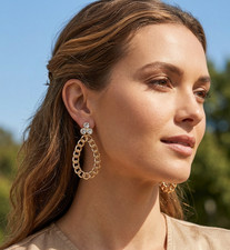 TAHARI Gold Toned Tear Drop Rhinestone Earrings Chain Design New