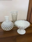 Vtg. Opalescent Hobnail Milkglass with Ruffled Rim; lot of 3