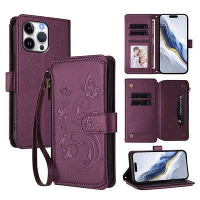 For iPhone Samsung Huawei Zipper Leather Flip Card Wallet Case Bag Stand Cover
