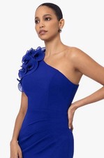 Blue One-Shoulder Ruffle Sleeveless Sheath Long Formal Dress Slit Solid Regular