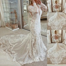 Elegant Mermaid Wedding Dresses V-Neck Long Sleeves Lace Floral Bridal Gowns