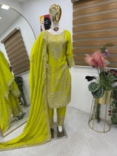 Stylish Chinnon Silk Parrot Green Salwar Kameez With Dupatta For Function Wear