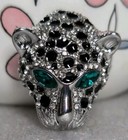Aqua Black Crystals Silver Tone Leopard Head Brooch Pin Pendant With