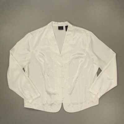 Laura Scott Woman Satin Beaded Embroidered Button-up Blouse Sz 20W White VTG HK