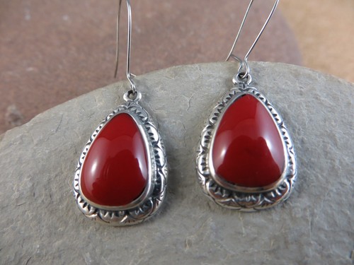 Vintage Signed Red Jasper Sterling Silver Wire Dangle Teardrop Earrings #569