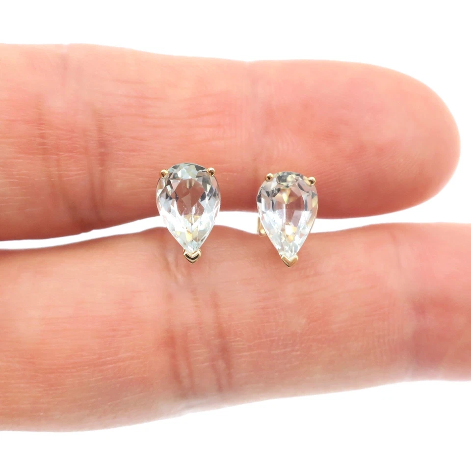 Aretes de oro amarillo macizo de 14 k con forma de pera natural de 3 quilates aguamarina Foto 2 de 4