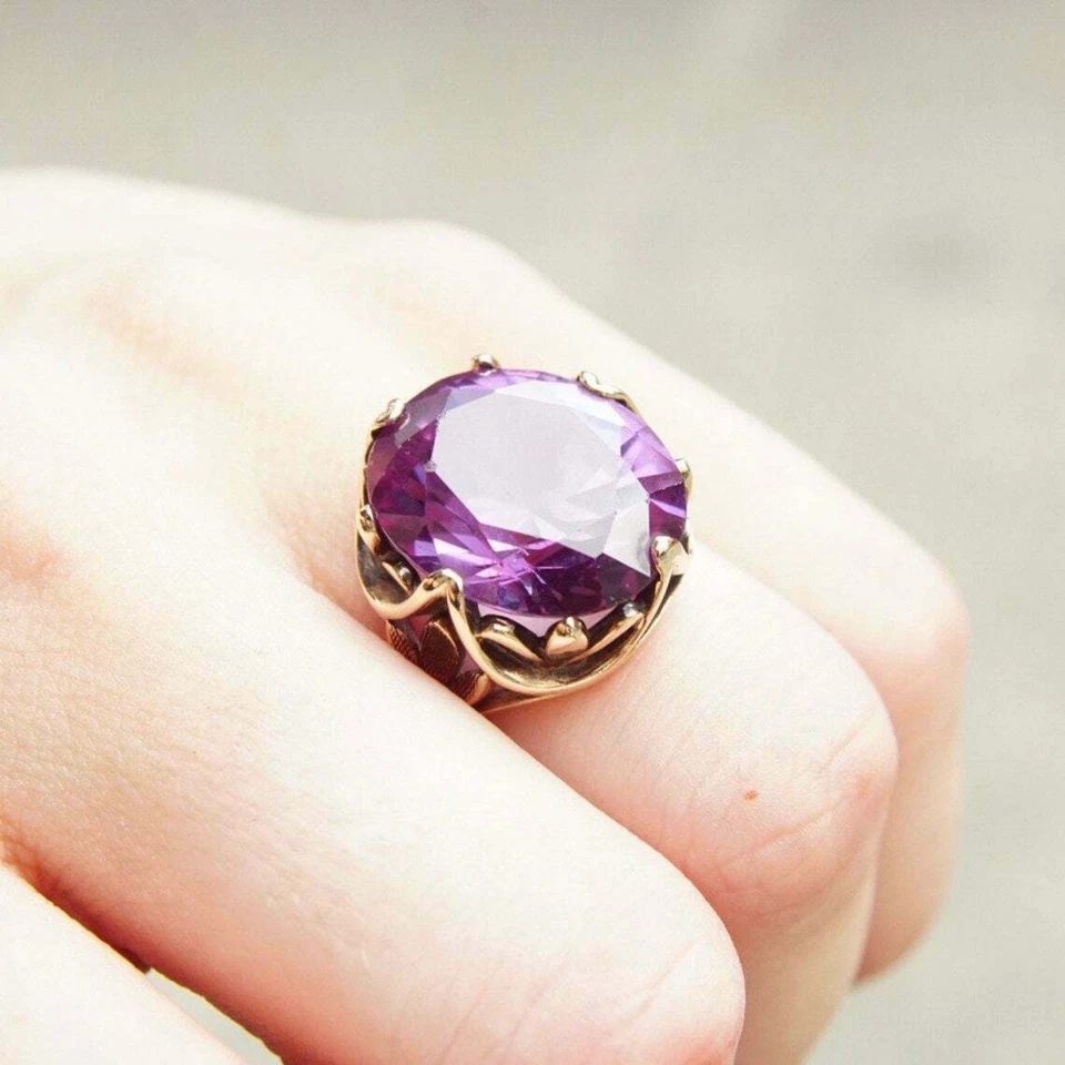 Коктейльное кольцо с одним аметистом покрытое желтым золотом 4 карата 14 карат - Изображение 4 из 4