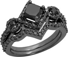 2Ct Princess Cut Lab-Created Diamond Wedding Bridal Ring Set 14K Black Gold Over