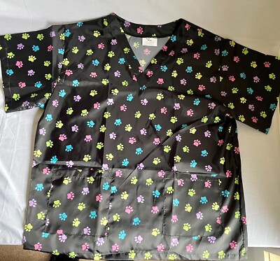 PERSONALIZED DOG GROOMER Multi-Colored PawPrints NYLON PULL OVER SCRUB TOP Sz L