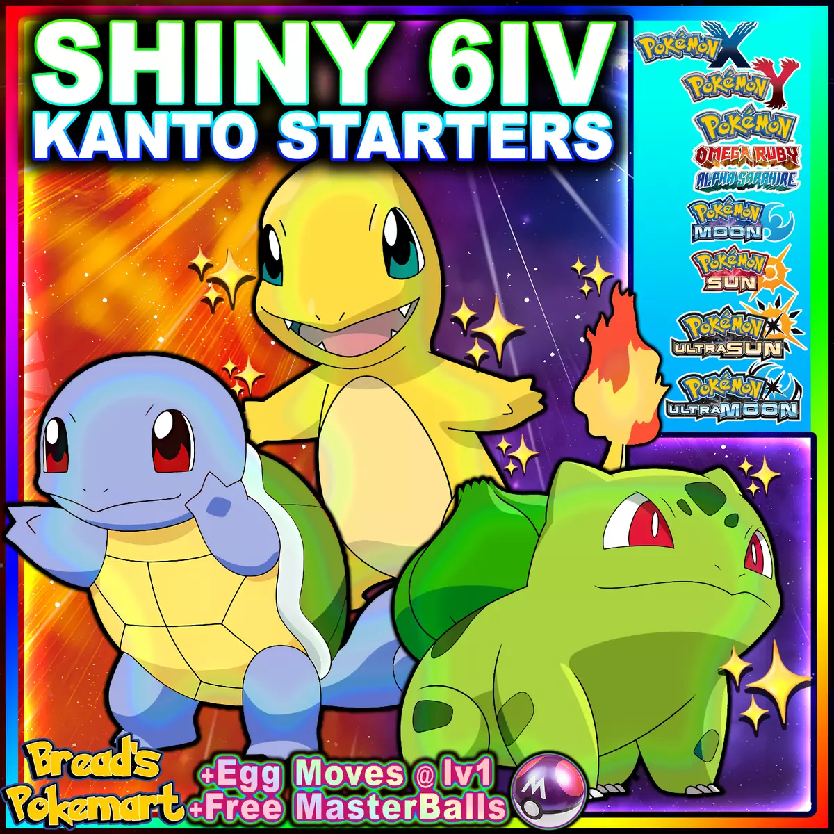 Shiny Bulbasaur/charmander/squirtle Starter Pack 6IV Pokemon 