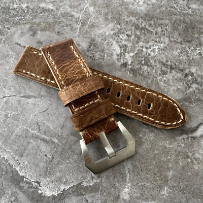 For Panerai PAM 24mm Lug Thick Cracked Brown Distressed Leather Watch Strap