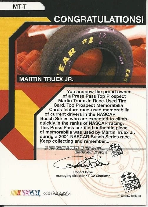 2004 Press Pass Trackside Martin Truex Jr. Race-Used Tire #/350 Chevrolet Toyota - Image 2 of 2