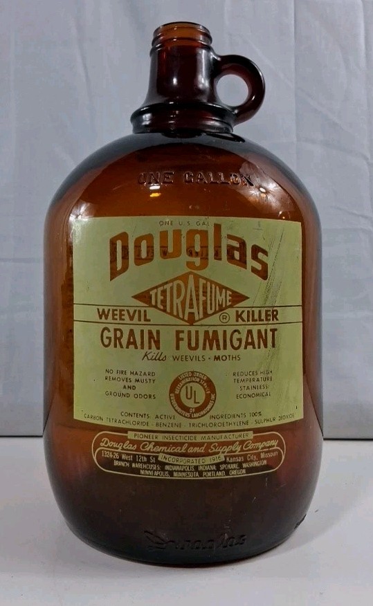 Vintage Amber Glass 1 Gallon Jug 1950 Douglas Tetrafume Grain
