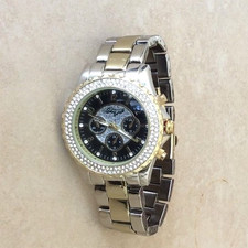 ONYK Two Tone Watch Double Crystal Round Black Dial Designer Style Brand New!