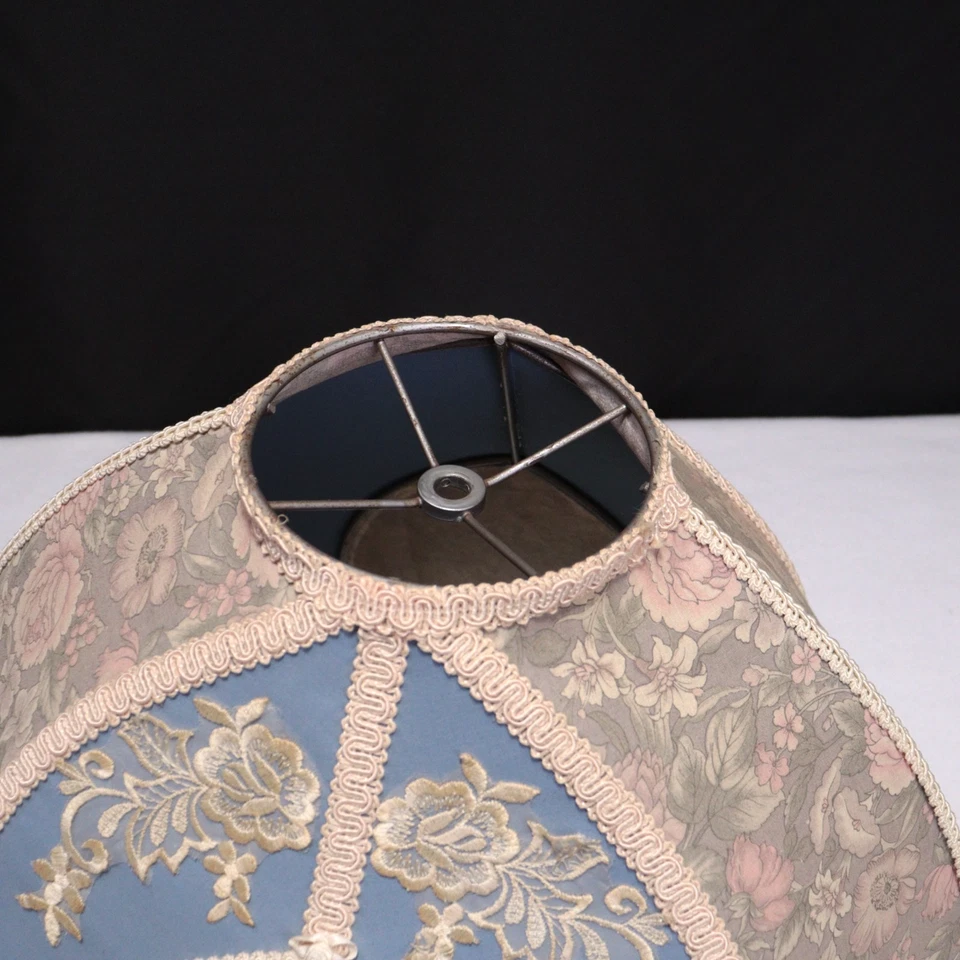 Pantalla de lámpara victoriana bordada azul floral tela flecos borlas lazos vintage Foto 4 de 4