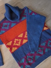 Vintage 80's 100 Wool Bright Geometric Turtle Neck Sweater Merona Size Large