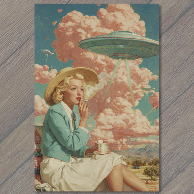 Art Print Retro UFO Encounter Blonde Woman Smoking Coffee Pastel Clouds Sci Fi P