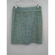 J. McLaughlin Tweed Mini Skirt Sz 8 Blue Green Metallic Lurex Silk Blend Fringe