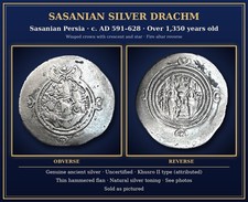 Sasanian Silver Drachm Khusro II AD 591-628 Ancient Persian Coin Fire Altar